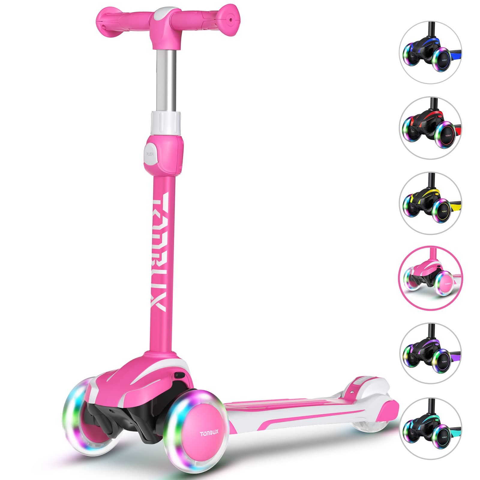 TONBUX Kids Scooter for Age 3-12, Toddler Scooter with 4 Adjustable Heights, Light Up 3-Wheels Scooter, Shock Absorption Design, Lean to Steer, Balance Training Scooter for Kids