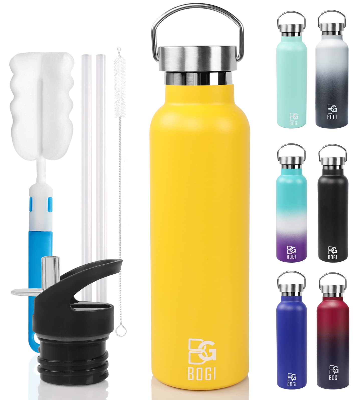 BOGI 600ml Double Wall Vacuum Insulated Stainless Steel Water Bottle-Scratch Resistance&Eco-Friendly for Outdoor Sports Yoga Camping,Straw Flip Cap+Cleaning Brush-1 Year Warranty(Yellow)