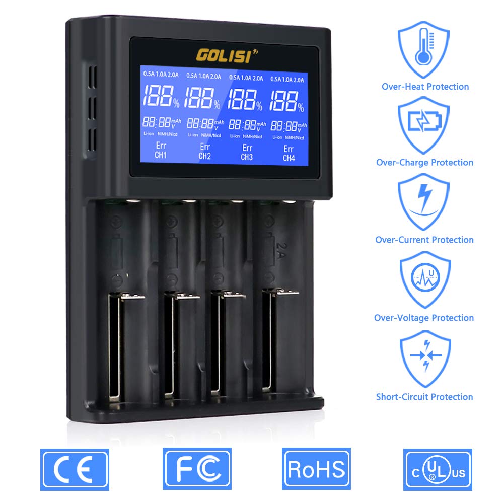 Golisi. Battery Charger for 26650 22650 18490 18350 17670 17500 16340 14500 10440 Li-ion Batteries,with Large LCD Screen, Universal Smart Speedy Wall Charger (4 slot)