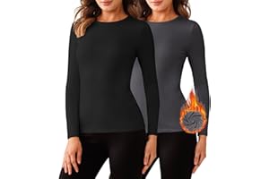 QOMEWA 2 Pack Women's Thermal Long Sleeve Shirts Slim Fit Thermal Underwear Lightweight Fleece Lined Base Layer Shirts
