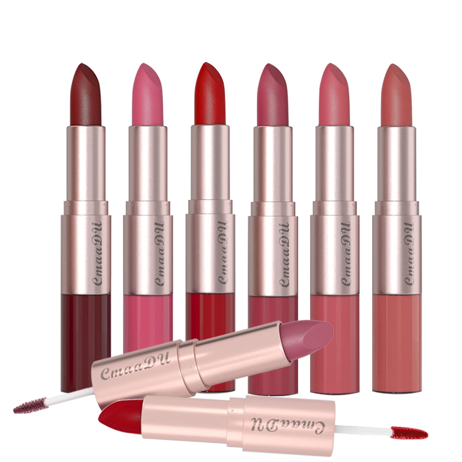 RoseFlower 2 in 1 Lipgloss & Lipstick Set, Matte Lipstick & Gloss Set for Women, Non-stick Long Lasting Lip Gloss Kit, 6 Colors Nude & Red Shades, Makeup Gift Sets for Girls & Women (SET A)