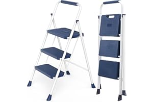 NEWBULIG 3 Step Ladder, Collapsible Step Stool with Safety Lock, Anti-Slip Rubber Feet, Lightweight Portable Ladder for Home Office Garage, Blue