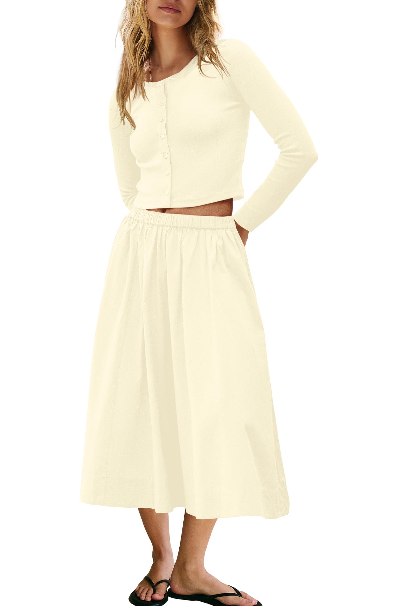 Photo 1 of (medium) Panadila Womens 2 Piece Lounge Sets Matching Vacation Outfits Ribbed Button Down Cardigan and Elastic Waist Skirt Sets (Ivory,M)