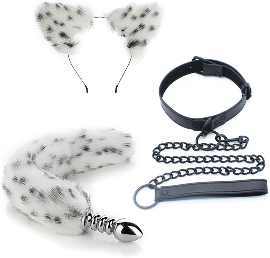 3 PCS Fluffy Faux Tail & Cat Ears Headband Charms Role Play Costume Party Masquerade Cosplay Prop And Short collar chains Black white stitching