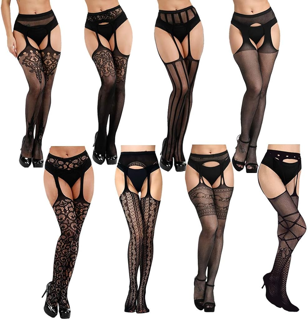 Jerbro 8 Pairs Women Suspender Pantyhose Fishnet Tights Thigh-High Stockings