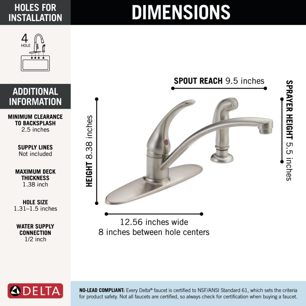 Delta Foundations Chrome Kitchen Faucet with Side Sprayer, Contemporary 4 Hole Kitchen Sink Faucet, Single Handle, Chrome B4410LF