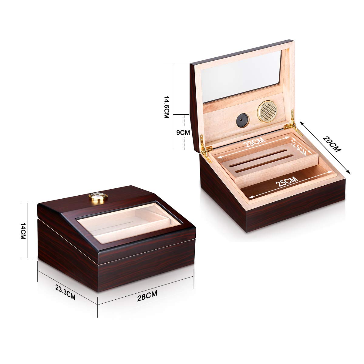 Humidor Cigar Humidor FLOUREO Wooden Luxury Double Moisturizing Cigar Box with Built-in Humidifier and Hygrometer Two-Layer Humidor Holds 50 to 60 Cigars