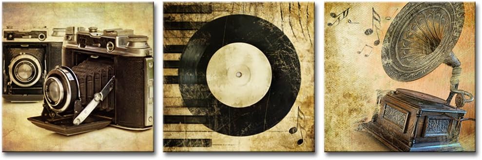Amosi Art-3 Pieces Canvas Wall Art Painting Vintage Camera Music Score and Retro Phonograph Classical Music Instruments Picture Prints on Canvas Giclee Art for Home Decor Framed Ready to Hang