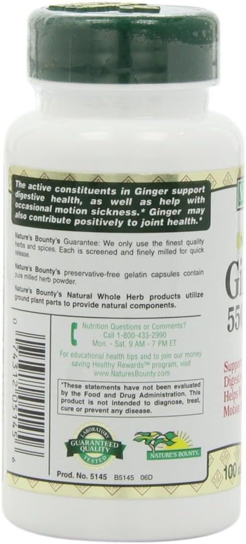 Nature's Bounty Ginger Root Pills and Herbal Health Supplement, Supports Digestive Health, 550mg, 100 Capsules: Health & Personal Care