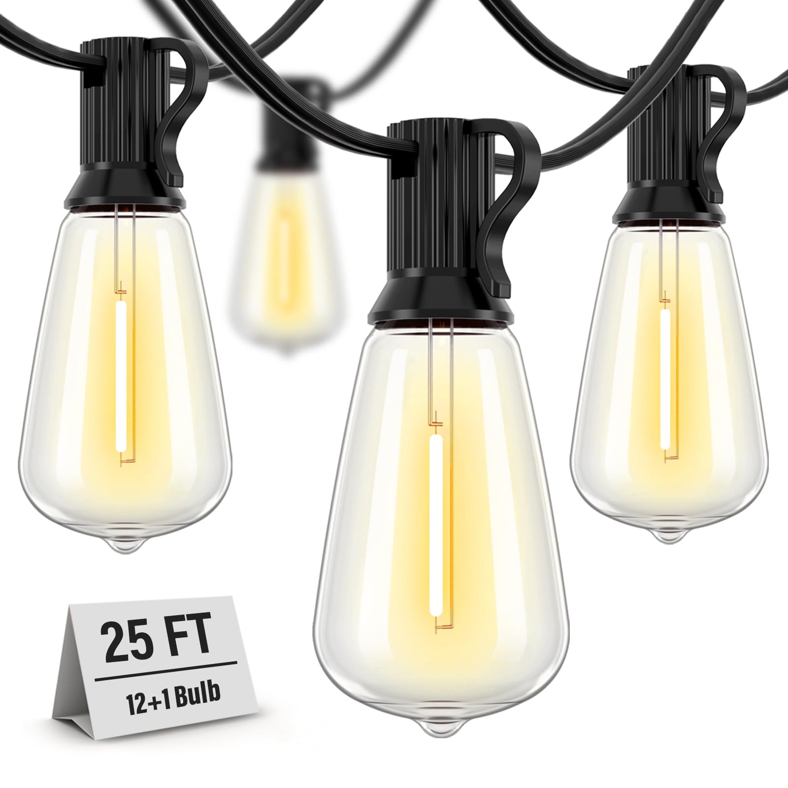 Photo 1 of Doukedge Outdoor String Lights Waterproof, 25 Feet Patio Lights with 13 ST38 Edison Bulbs(1 Sqare), Hanging Lights with Plug in Cord for Porch, Blacony, Backyard, Bistro, Garden, 2700K
