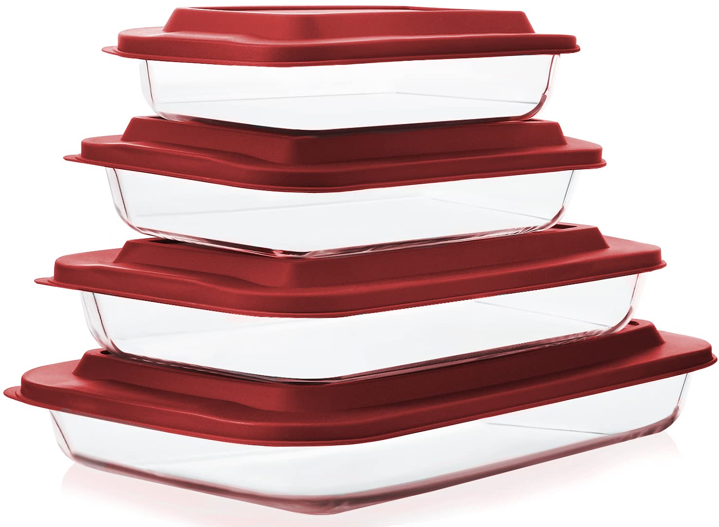 Photo 1 of 8-Piece Deep Glass Baking Dish Set with Plastic lids,Rectangular Glass Bakeware Set with Lids, Baking Pans for Lasagna, Leftovers, Cooking, Kitchen, Freezer-to-Oven and Dishwasher, Red