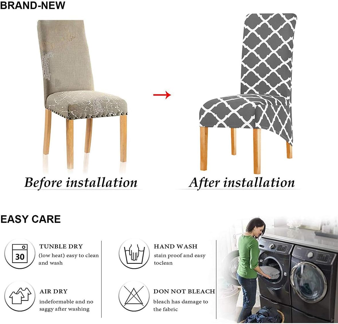 KELUINA Stretch XL Chair Covers for Dining Chairs 2/4/6 Pcs Chair Protective Slipcover,Elastic Chair Protector Seat Covers for Dining Room Wedding Banquet Party Decoration (Gray,2 Pack) - Image 5