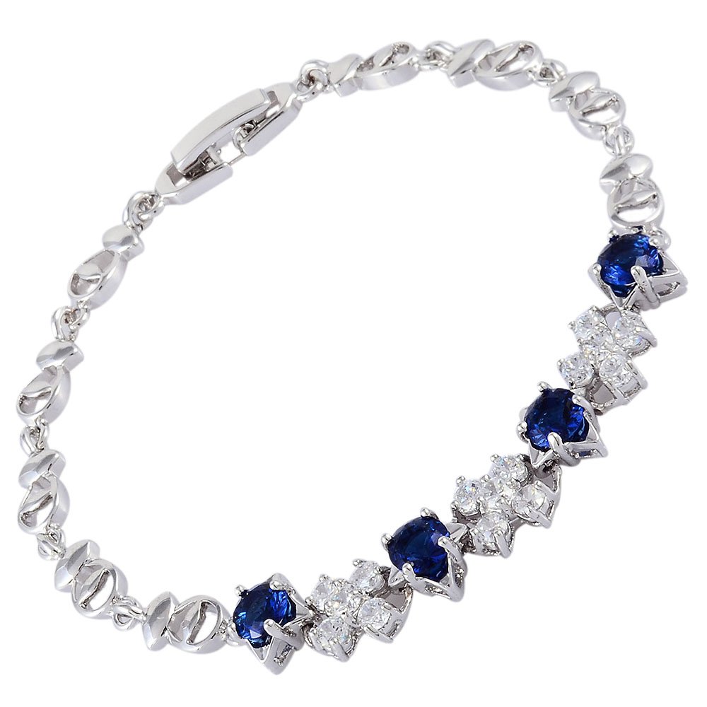 RIZILIA Tennis Bracelet [18cm/7inch] with Round Cut Gemstones CZ [Blue Sapphire] in 18K White Gold Plated, Simple Modern Elegance