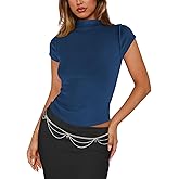 Pungdra Womens Cap Sleeve T Shirts Mock Neck Tops for Women Y2k Knit Slim Fit Tee Casual Basic Crop Going Out Top