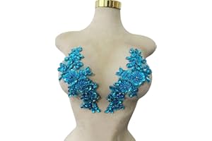 ESOSZNUA Handmade Bodice Rhinestones Applique Sewing Glass Beads Stones Crystal Trim Lace Patches for Dress Clothing Accessories 1pair/Bag 3.1X9.4inches (Sky Blue)
