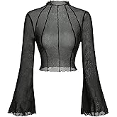 WDIRARA Women's Plus Size Sheer Mesh Long Bell Sleeve Top Mock Neck Lettuce Trim See Through Tee Shirt
