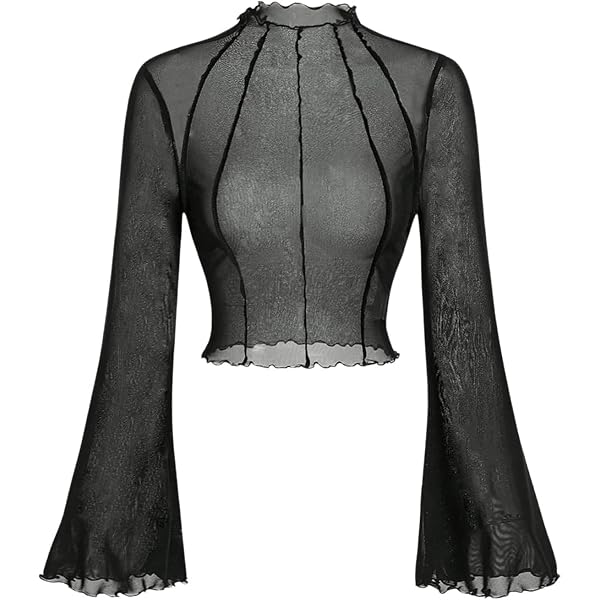 WDIRARA Women's Tie Front Mesh Crop Top - Long Sleeve Lettuce Trim Y2K Top