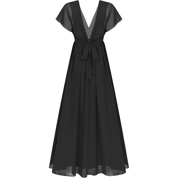 Amazon.com: Women's Wrap V Neck Evening Gowns Dress Ruffle Sleeve Tiered Cocktail  Dress Solid Color Long Party Dress (Black, S) : Sports & Outdoors
