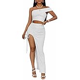 Sexy 2 Piece Maxi Skirt Sets for Women Off Shoulder Crop Top Bodycon High Slit Skirt Beach Dresses Summer Outfits