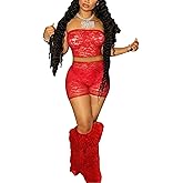 Mintsnow Women's See Through Lace 2 Piece Short Outfit Sheer Mesh Sleeveless Tube Top and Bodycon Shorts Sets Outfit Clubwear