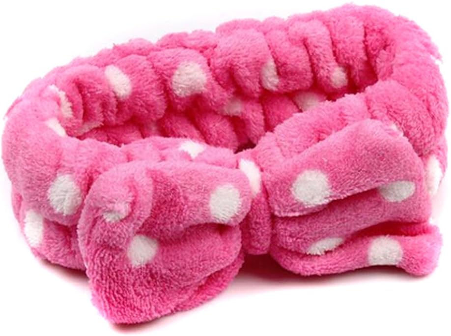 ODN Women Dots Flannel Bowknot Hair Wrap Band Towel Wash Face Makeup Headband (Hot Pink)