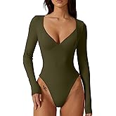 QINSEN Women's Long Sleeve Bodysuit V Neck Body Suits Seamed Cup Going Out Tops Shirt