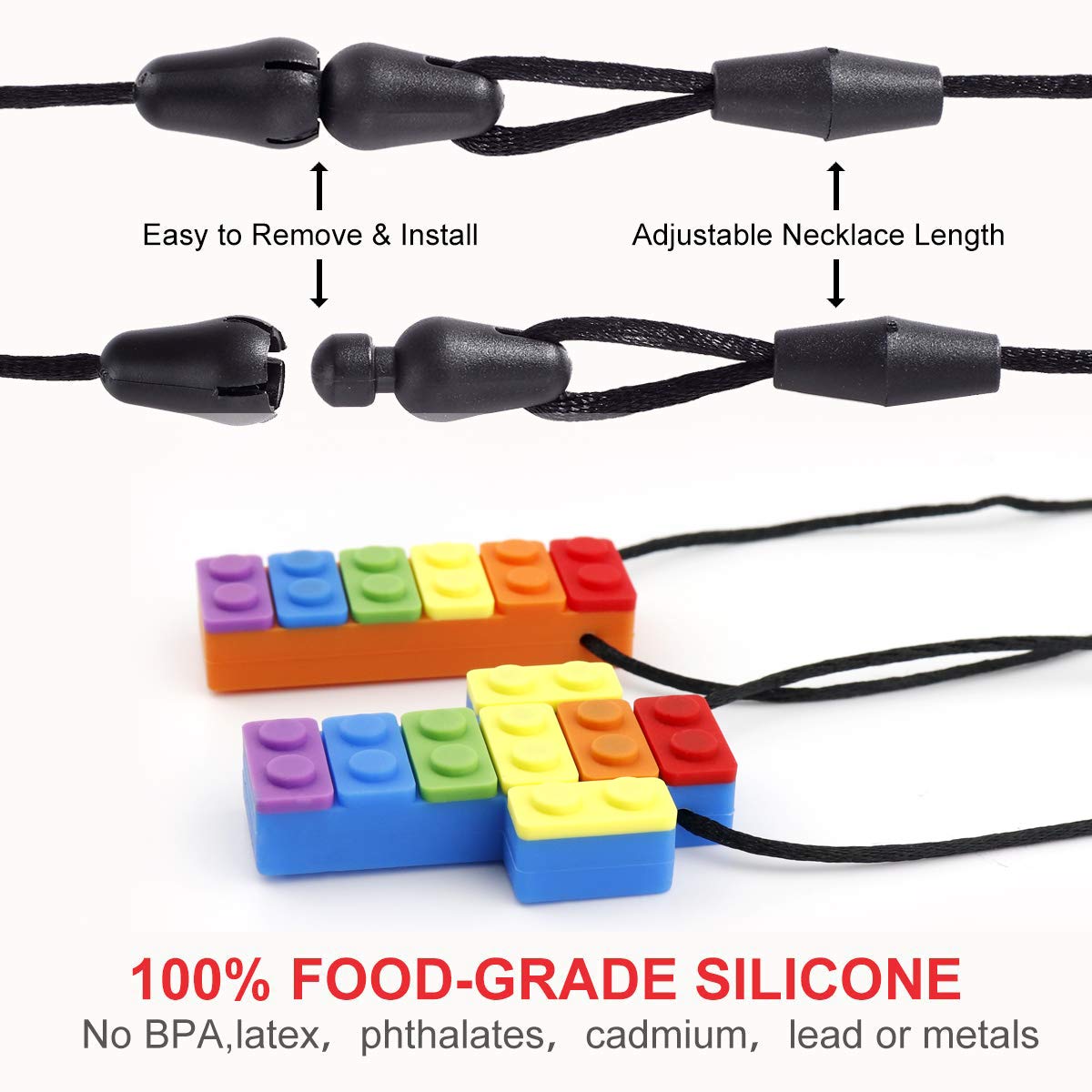 Sensory Chew Necklace Pendant Chewlery Set for Boys and Girls, Silicone Chewy Brick for Kids with ADHD, Teething, Autism, Biting Needs (Multi-Colored, 2Pack)