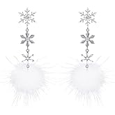 Christmas Snowflake Earrings for Women Long Dangle White Pom Pom Earrings Faux Fur Ball Fluffy Cute Drop Cubic Zirconia Crystal Snowflake Earrings for Xmas Party Holiday Winter Jewelry Gift for Women
