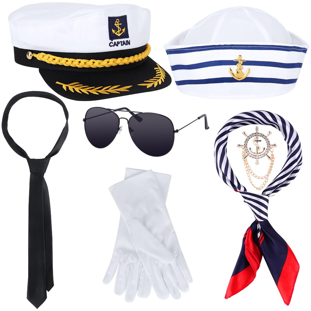 DAJILI Sailor Captains Hat Costume Accessories, 8pcs Captains Ship Cap Set, Boat Accessories with Sunglasses and Scarf Gloves Tie, Funny Sailor Hat forAdult Women Men Dressing up Party