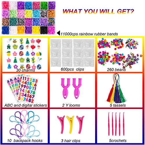 VENSEEN 11900+ Rainbow Rubber Bands Bracelet Making Kit, 11000 Loom Bands, 600 S-Clips, 252 Beads, 30 Charms, 10 Backpack Hooks, 5 Tassels, 5 Crochet Hooks, 4 Stickers,3 Hair Clips, 2 Y Looms - Thumbnail 4