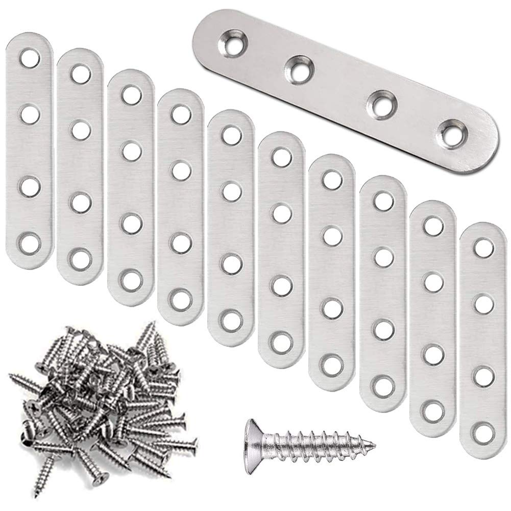OBELON Heavy Duty Flat Brackets for Wood - 77x16mm Stainless Steel Straight Joining Plates with Screws - Fixing Repair Connector for Furniture, Timber, Mending & Support, Silver, 10 Pack