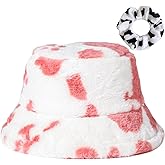Winter Plush Bucket Hat for Women Cow Print Fuzzy Bucket Caps Casual Warm Faux Fur Fisherman Hats