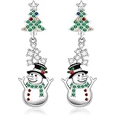 Christmas Tree Snowman Earrings for Women Sterling Silver Tree with Star Holiday Dangle Drop Earrings Colorful CZ Xmas Gifts