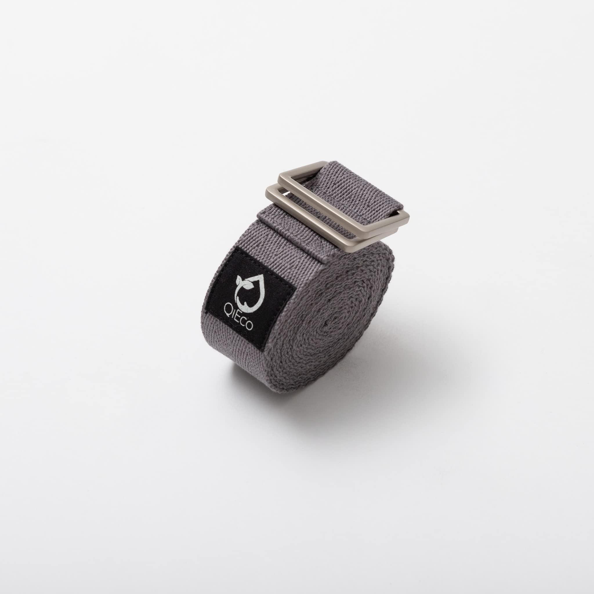 QiEco Grey Organic Cotton Yoga Strap with Herringbone Weave and Contemporary Steel Buckle, 8ft