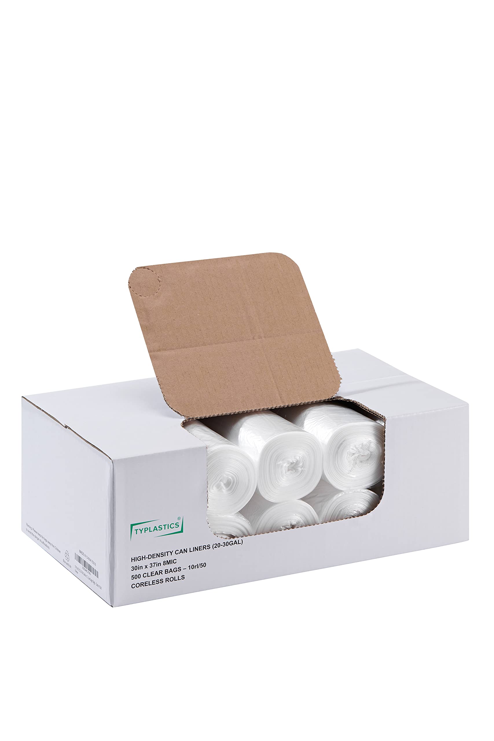 Photo 1 of TYPLASTICS 20-30 Gallon Clear Trash Can Liners - 30" x 37" - High Density Garbage Bags - Case of 500 - Multipurpose for Office, Outdoor, Recycling, Industrial and Commercial