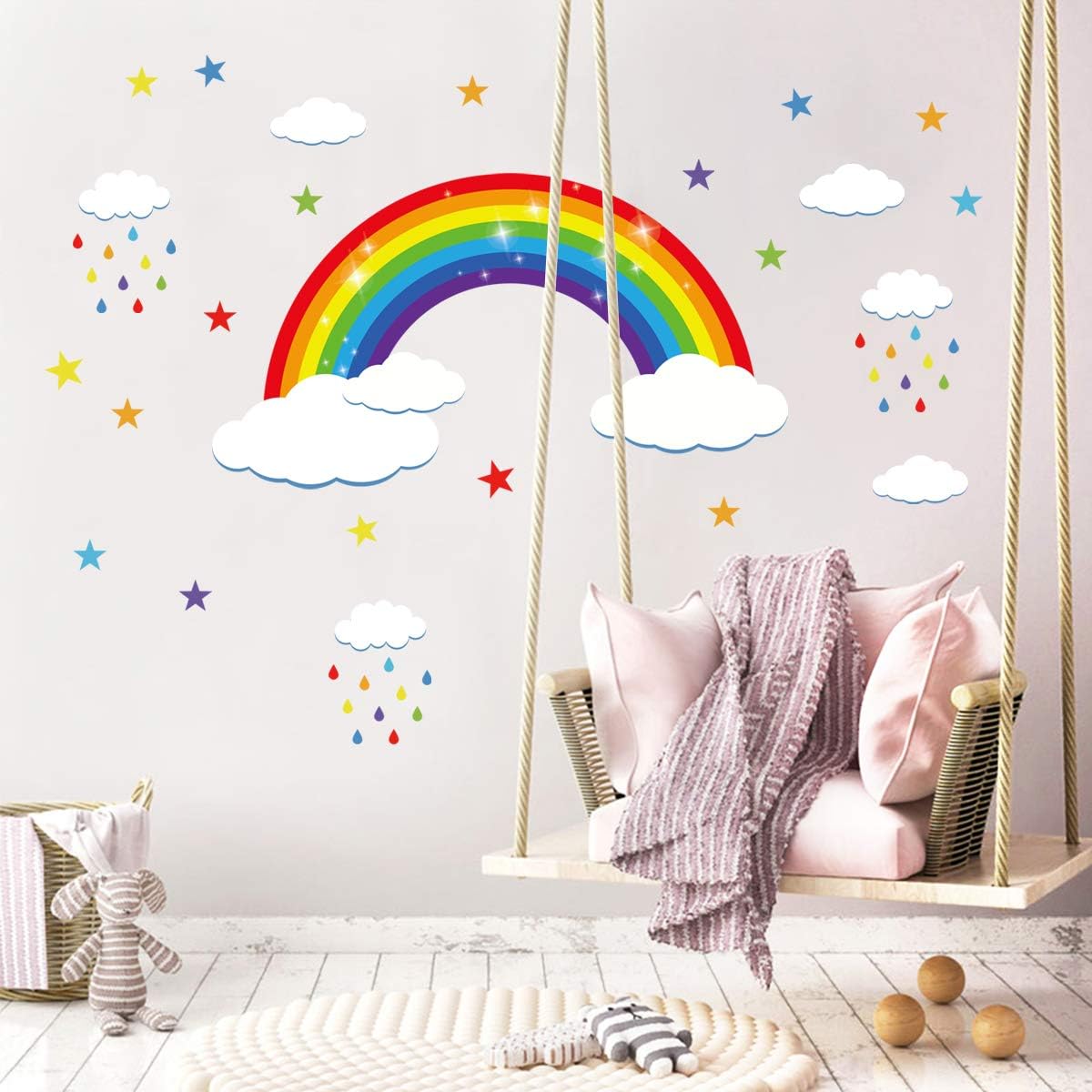 decalmile Rainbow Wall Decals White Clouds Colorful Raindrops and Stars Wall Stickers Baby Nursery Kids Bedroom Wall Decor (Large 97cm x 53cm) - Image 3