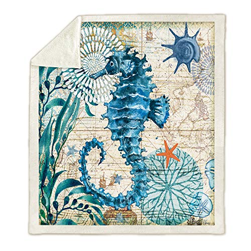 Qucover 3D Print Sea Horse Coral Velvet Throw Blankets Throws Bed Sheet with Sherpa Lining for All Season 59x79 Inch - Thumbnail 7