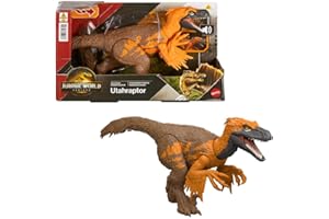 Mattel Jurassic World Rebirth Wild Roar Utahraptor Dinosaur Toy with Tail-Controlled Chomp Multi-Direction Attack & Sound, Posable & Digital Play