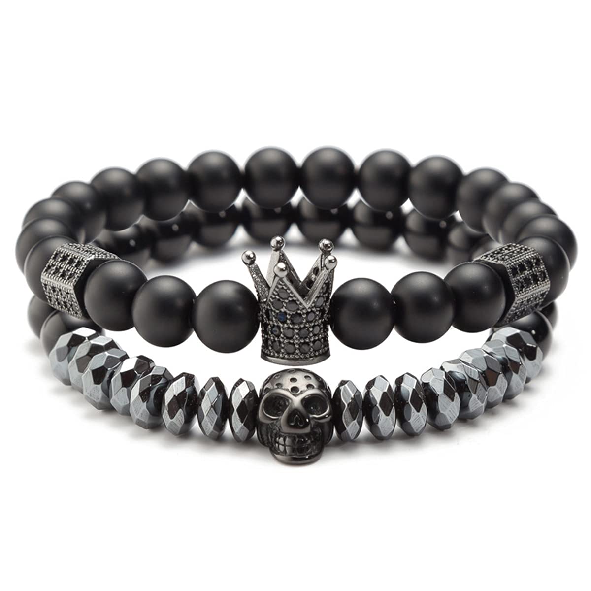 EVBEA 2 PCS Mens Bracelet Beaded Jewellry Skull Crown Wristband Goth Gift Skeleton Couple Black Punk Gothic Jewelry