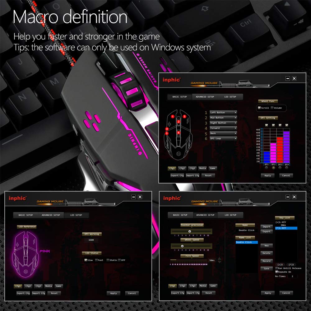 Gaming Mouse Mute Silent Click,Inphic USB Wired Optical Gaming Mice with LED Optical, 4 DPI Adjustment Levels, 6 Buttons for Laptop, PC, Mac (Metallic Black)