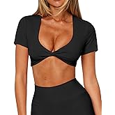 Dressmine Womens Short Sleeve Crop Workout Tops Twist Deep V Neck T Shirts Pilates Outfit Ballet Yoga Gym Athletic Tee