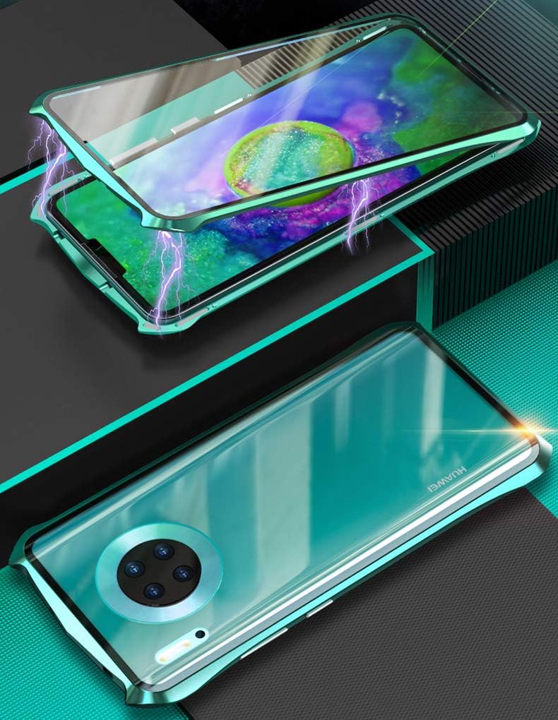 Plzcoin Mate 30 Pro Case,Bat Style Slim Metal Frame Tempered Glass Screen Protector 360°Full Body Case with Magnetic Adsorption Cover for Huawei Mate30pro 6.53"(Green)