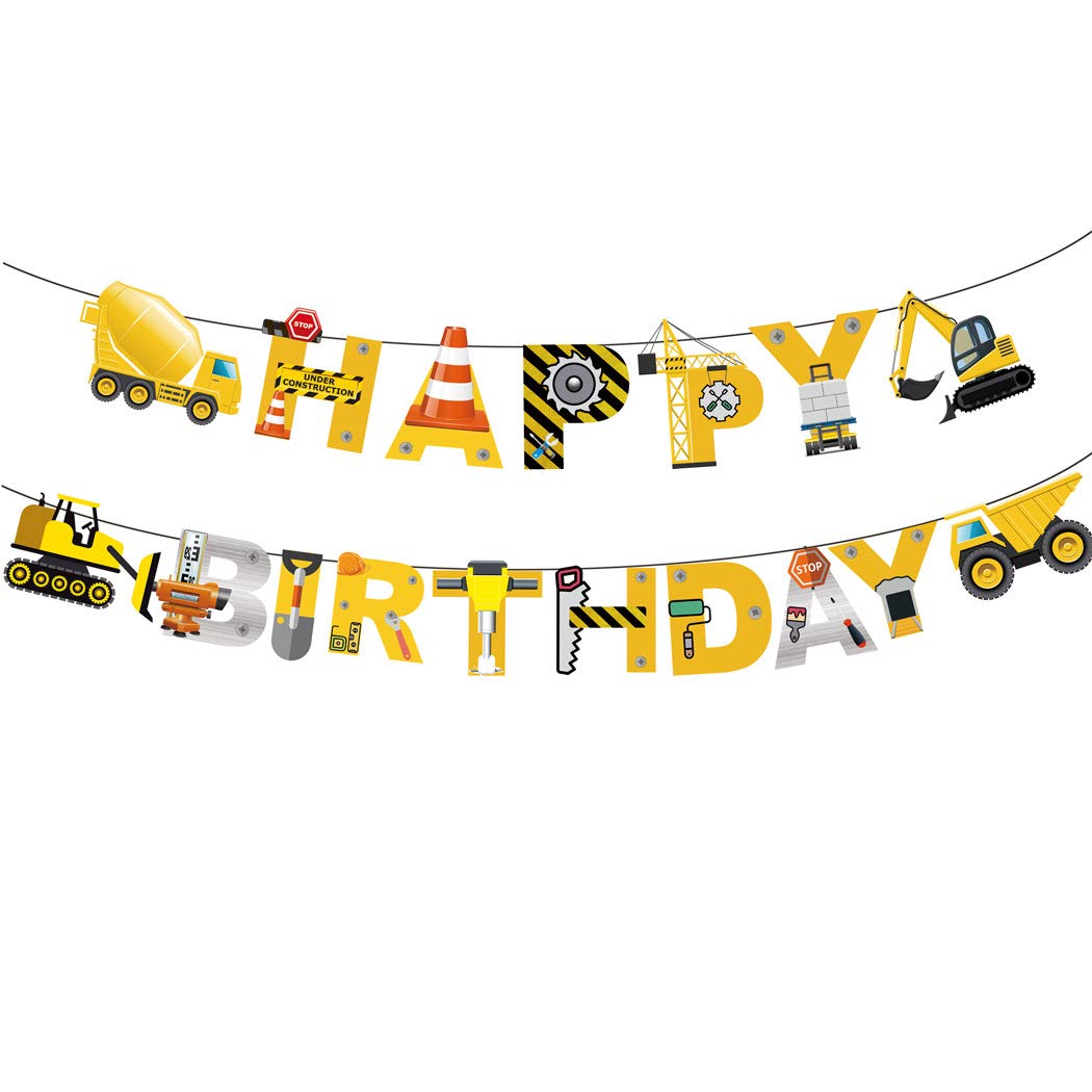 Finypa Construction Birthday Banner Dump Truck Party Decorations - Premium Pre-Assembled Happy Birthday Decoration with Dumb Truck Excavator Crane and more for Boys Under Construction Kids Party Theme