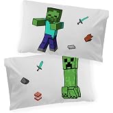 Jay Franco Minecraft Nighttime Glow in The Dark 2 Pack Reversible Pillowcases Features Creeper &amp; Zombie - Double-Sided Kids Super Soft Bedding (Official Minecraft Product)
