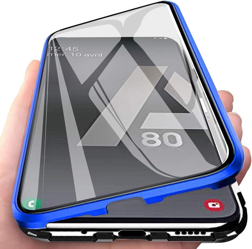 Solaxi Samsung Galaxy A80 Magnetic Case, Ultra Thin Clear Tempered Glass Front and Back Full Screen 360° Protection Bumper Metal Frame One-Piece Design Flip Cover - Clear Blue