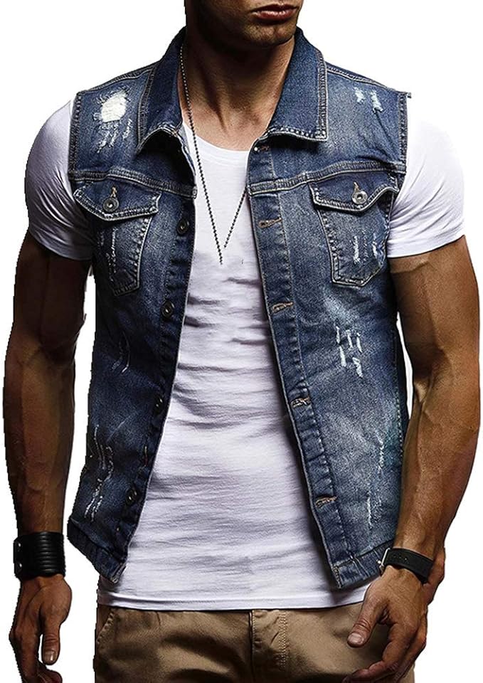 Spring and Autumn Men's Denim Vest Vest Washed Hole Denim Vest Amazon