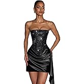 Geforsp Sparkly Rhinestones Homecoming Dresses for Teens Strapless Satin Corset Short Prom Mini Dress Cocktail Party Gown