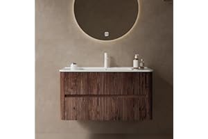 RAINLUX 36" Floating Bathroom Vanity with Sink, Wall Mounted Modern Bathroom Cabinet with 2 Soft Close Drawers, Oak & Plywood, Pre-Assembled with Integrated Ceramic Basin – Bruges, Retro Walnut