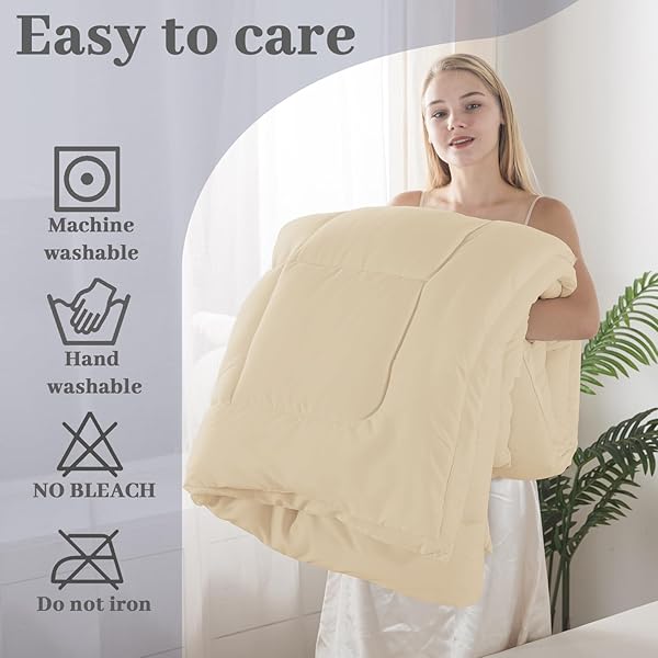 BEDTREAT DOWN ALTERNATIVE COMFORTER FULL DUVET INSERT WITH CORNER TABS, ALL SEASON QUILTED BED COMFORTER BOX-STITCHED FULL COMFORTER BEIGE，MACHINE WASHABLE MICROFIBER BEDDING