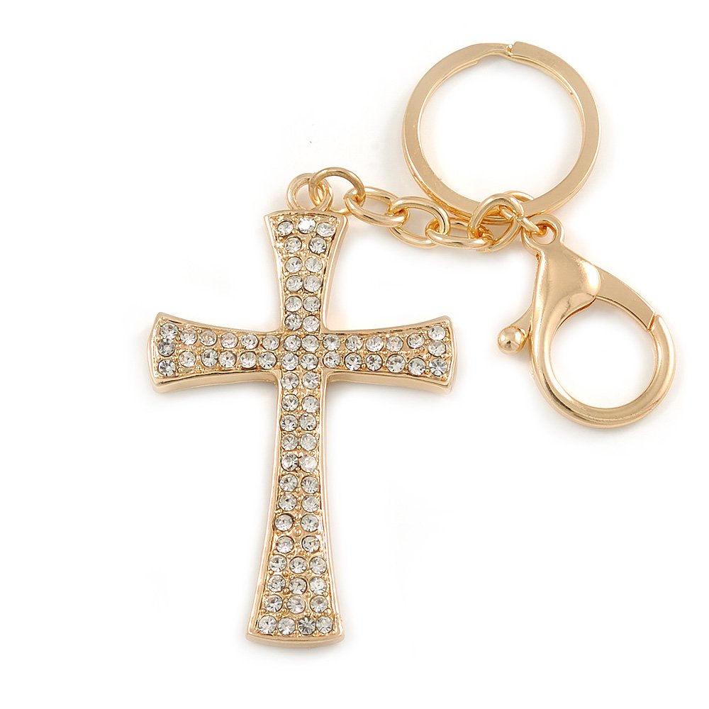 Avalaya Clear Crystal Cross Keyring/Bag Charm In Gold Tone - 11cm L
